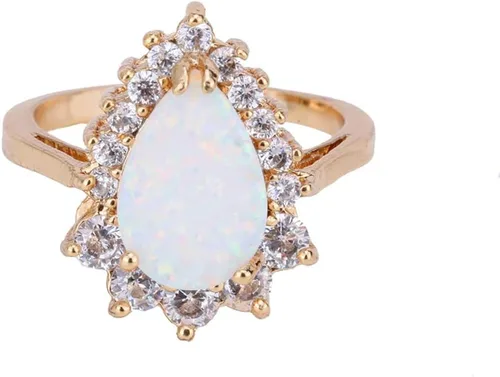 Vista 2 de ZIS Nuevo diseño blanco ópalo de fuego gota de agua 18K chapado en oro CZ piedra anillos de compromiso (8)
