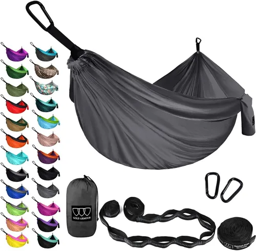 Vista 17 de Gold Armour Hamaca de camping – Hamaca doble XL, hamaca portátil, accesorios de camping, equipo para exteriores e interiores con correas de árbol