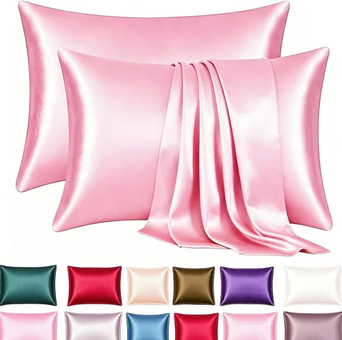 Vista 20 de Juego de 2 fundas de almohada de seda satinada de lujo para cabello y piel, fundas de almohada de satén con cierre de cremallera (estándar