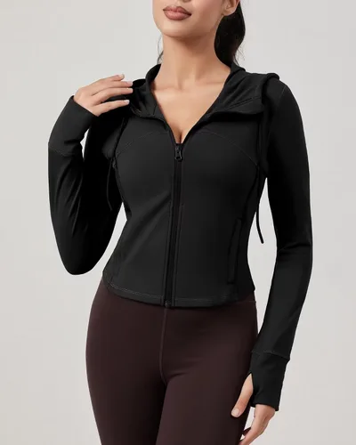 Vista 3 de QUEENIEKE Chaqueta de entrenamiento para mujer, con cremallera completa, sudadera con capucha para correr, ajustada, para yoga, recortada