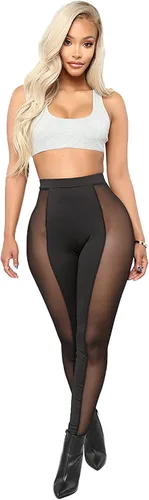 Vista 2 de Atyfuniby Leggings para mujer de cintura alta - Leggings sexys y delgadas de malla transparente para fiesta y ropa de club