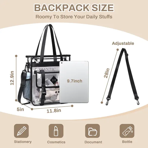 Vista 5 de MUSEVOS Bolsa Tote Transparente Aprobada para Estadios 12x6x12 pulgadas, Bolsa Tote Transparente de PVC Reforzada de Servicio Pesado Resistente al