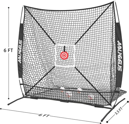 Vista 7 de Red de práctica de sóftbol de béisbol de 6 x 6 pies, red de lanzamiento, red de bateo, con zona de golpe de bonificación, objetivo y marco de arco
