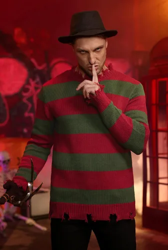Vista 3 de Arvilhill 3 piezas de disfraz de Halloween para hombre, suéter y sombrero, trajes de pesadilla (S-3XL) Loose Fit Striped Sweater, Realistic Claw