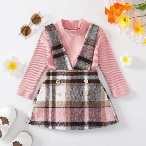 Vista 2 de Madjtlqy Conjunto de ropa de otoño e invierno para bebé niña, camiseta acanalada de manga larga + falda con tirantes a cuadros 12 18 24M 2T 3T 4T 5T