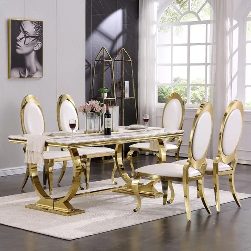 Vista 3 de ACEDÉCOR Sillas de comedor blancas y doradas, modernas sillas de piel sintética blanca, magnífica silla ovalada con respaldo de acero inoxidable