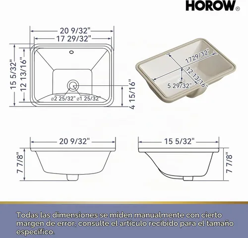 Vista 4 de HOROW Lavabo de Baño Rectangular para Montaje Inferior, Lavabo Rectangular de Vasija de 20 x 15 Pulgadas con Rebosadero, Lavabo de Cerámica Blanca