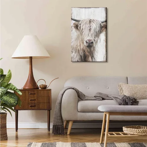 Vista 4 de 1 pieza de arte de pared de vaca Highland, lienzo de vaca de granja para decoración de pared, imagen de pintura blanca de vida silvestre, impresión
