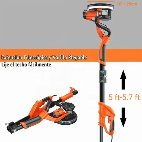 Vista 8 de IRONMAX Lijadora eléctrica para paneles de yeso, lijadora eléctrica plegable de 6 velocidades variables con colector de polvo al vacío, luz LED