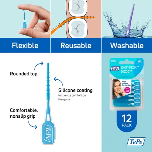 Vista 5 de TEPE Púas de hilo dental, palillos de dientes, palitos de hilo dental, EasyPicks M/L, azul, paquete de 12
