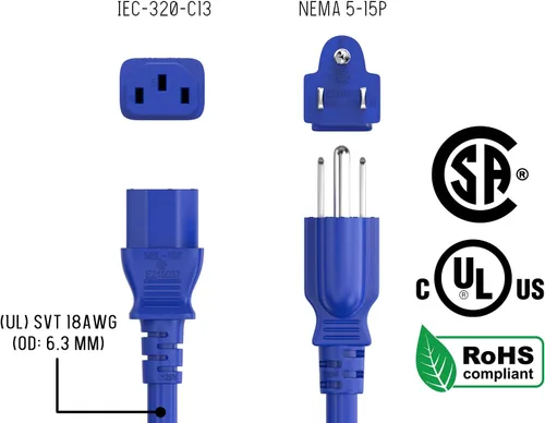 Vista 6 de Cable Leader Cable de alimentación universal de 2 pies 18 AWG IEC320 C13 a NEMA 5-15P, azul