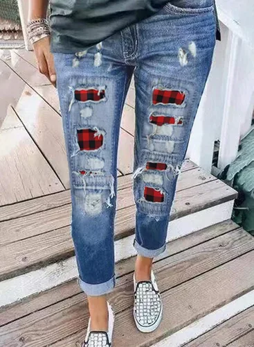 Vista 2 de Astylish - Jeans ajustados para mujer, desgastados, elásticos, con parches a cuadros, rasgados, con agujeros, estilo boyfriend