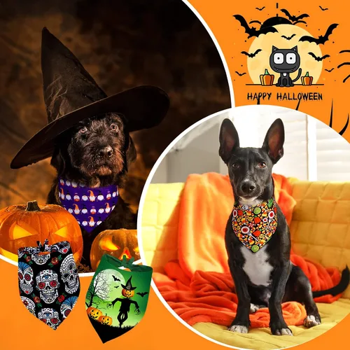 Vista 4 de Newwiee - 200 bandanas de Halloween para perro, diseño de fantasma, grandes Bufanda triangular para mascotas, patrón de calabaza, murciélago