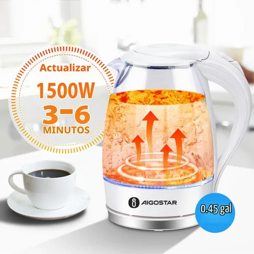 Vista 4 de Aigostar - Hervidor eléctrico de 1500 W, tetera de vidrio para té con calentamiento rápido, vidrio de borosilicato, apagado automático y protección