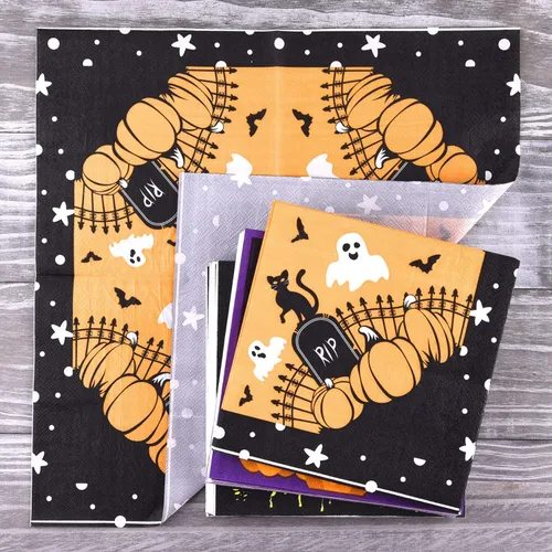 Vista 7 de ASTARON Paquete de 60 servilletas de Halloween de 13 x 13 pulgadas, servilletas de papel desechables para decoración de mesa de Halloween