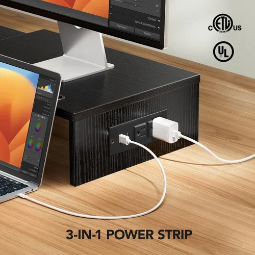 Vista 3 de HUANUO Soporte para monitor dual - Soporte de monitor con puertos USB, longitud y ángulo ajustables, elevador de monitor dual con toma