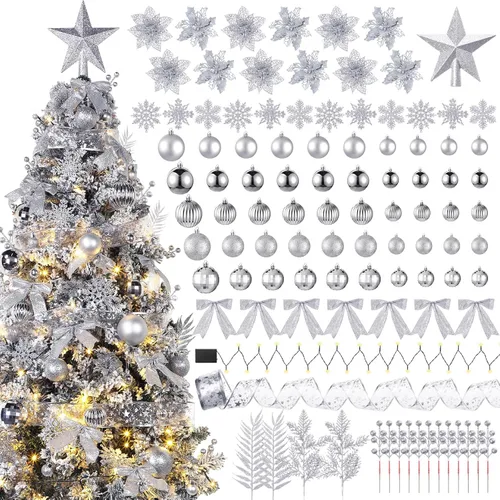 Vista 10 de Poen Juego de 108 adornos para árbol de Navidad, incluye bolas para árbol navideño, flor de pascua con purpurina, lazos, bayas, tallos, hojas, copos