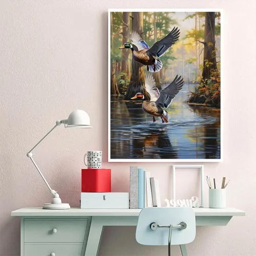 Vista 3 de QAZWSX Juego de pintura de diamantes 5D de agua voladora de pato de ánade real, arte de diamantes de taladro completo, pintura de bricolaje por