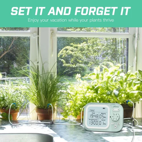 Vista 2 de Sistema Automático de Riego de Plantas para Interior con Autoriego para 15 Plantas en Maceta, Kit de Riego por Goteo Programable con Temporizador