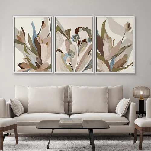 Vista 389 de SIGNWIN Lienzo enmarcado para pared, juego de arte neutro de bosque brumoso, ilustraciones en tono tierra, arte moderno, decorativo, bohemio