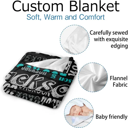 Vista 3 de Manta personalizada con texto del nombre, mantas de franela personalizadas para bebés, adultos y niños, regalo de cumpleaños, día de San Valentín