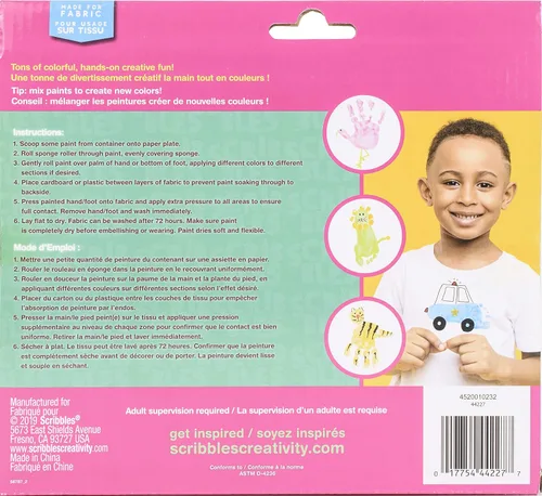 Vista 3 de Scribbles Kit de pintura y rodillo para dedos, seguro para niños, pintura de tela permanente, lava la piel, 6 colores neón