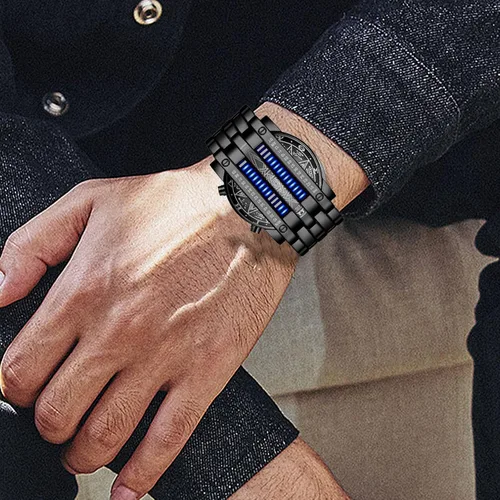 Vista 4 de Binary Matrix Blue led - Reloj Digital para hombre, moda clásica y creativa, color negro chapado