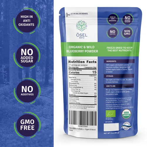Vista 2 de ÖSEL BERRY Polvo orgánico de arándano silvestre de 3 onzas, certificado por USDA, sin azúcar añadido, ricos en antioxidantes, liofilizados