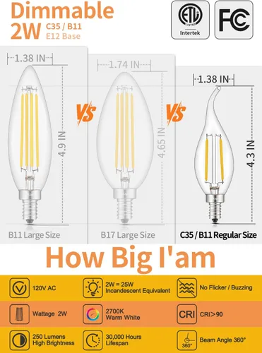 Vista 2 de Bombilla LED de candelabro equivalente a 25 W regulable de 2 W, 2700 K, blanco cálido, 250 LM, bombillas LED de vela E12, punta doblada