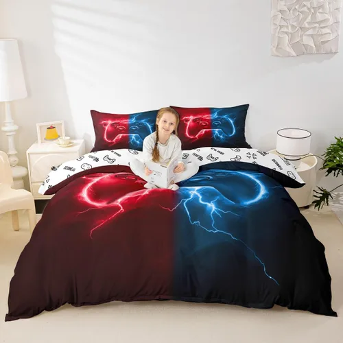 Vista 47 de Juego de funda de edredón con diseño de videojuegos para niños, tamaño individual, negro y azul a cuadros, juego de ropa de cama moderna
