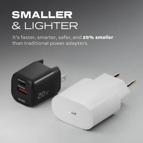 Vista 4 de STATIK Adaptador de corriente GaN de carga rápida - 20 W Dual USB C y USB - Cargador compacto plegable para iPhone, iPad, Samsung, Pixel