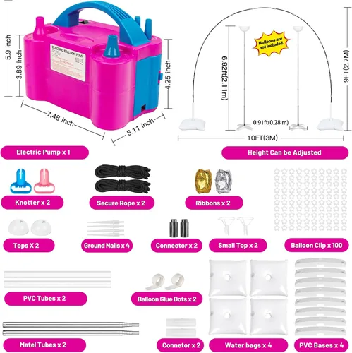 Vista 2 de Kit de arco de globos y soporte de columna de globo de metal y bomba eléctrica para globos, soportes de globos ajustables para suelo con bolsas