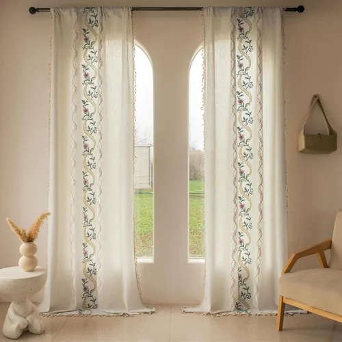 Vista 28 de BHUSB Cortinas rústicas para sala de estar de 63 pulgadas de largo, cortinas de ventana de lino y algodón con estampado floral bohemio, cortinas