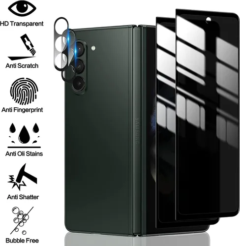 Vista 3 de 2 protectores de pantalla frontal de vidrio templado de privacidad compatibles con Samsung Galaxy Z Fold 5 + 2 protectores de lente de cámara