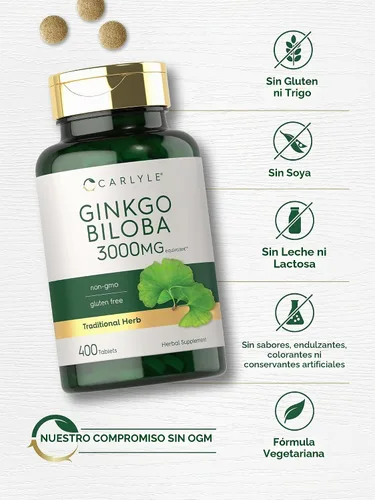 Vista 5 de Carlyle Ginkgo Biloba 3000mg 400 tabletas Suplemento herbario sin OMG, sin gluten Suplemento herbario sin OMG, sin gluten