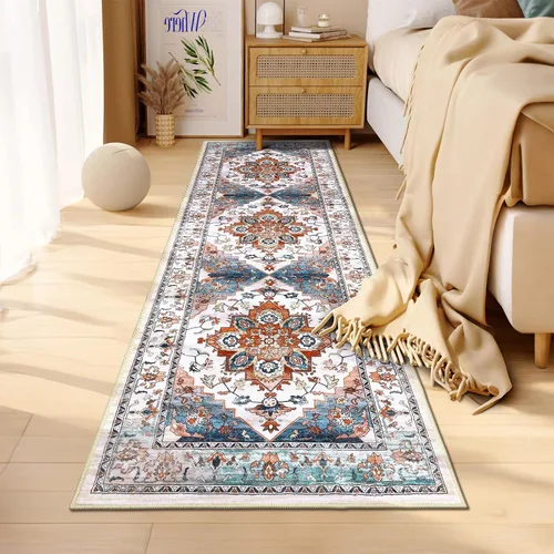 Vista 3 de Bsmathom Alfombra de pasillo para pasillos, antideslizante, lavable, estilo bohemio, 2 x 6 pies, alfombra de pelo bajo, alfombra vintage para Azul