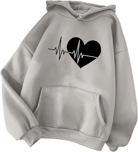 Vista 4 de DOLKFU Sudaderas de manga larga para mujer, de gran tamaño, con estampado de corazón, color sólido, sudaderas casuales de moda con bolsillo