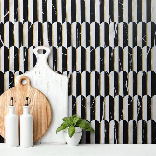 Vista 2 de DICOFUN 1 hoja de protector contra salpicaduras de color blanco y negro para cocina, PVC adhesivo en azulejos de pared contra salpicaduras