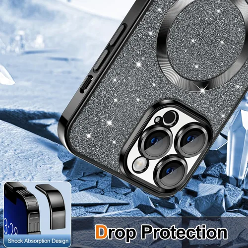 Vista 4 de Hython Funda para iPhone 13 Pro Max con purpurina, fundas magnéticas transparentes para teléfono con protector de lente de cámara