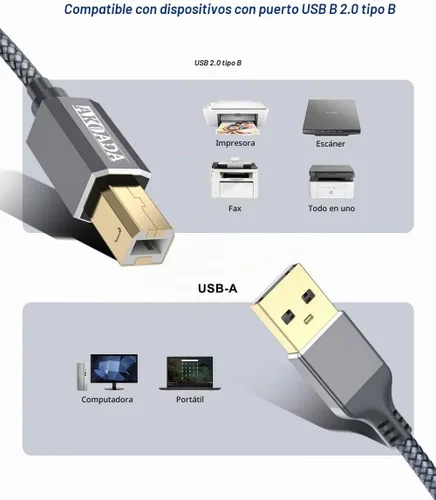 Vista 7 de AkoaDa Cable de impresora USB 2.0 tipo A macho a B macho de alta velocidad compatible con HP, Canon, Dell, Epson, Lexmark, Xerox, Samung y más Gris