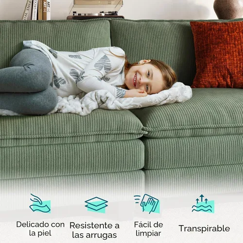 Vista 5 de LINSY HOME Sofá Seccional Modular de 123'' Sofá Verde de Pana Nube para Sala de Estar, Sofá en Forma de L con Otomana Móvil, Sofás Seccionales