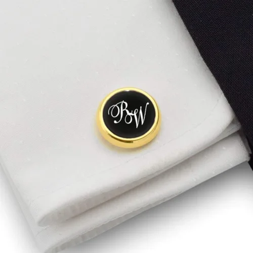 Vista 7 de Gemelos negros y dorados - Gemelos con inicial grabada - Gemelos de boda - Novio, padrino de boda, papá, padre regalo de boda personalizado