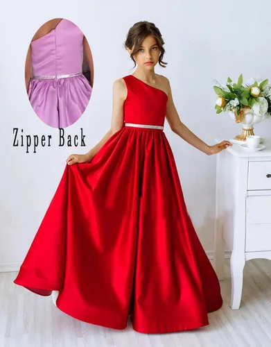 Vista 2 de Vestidos de satén de un hombro para niñas, vestido de princesa de una línea de flores con banda de abalorios