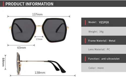 Vista 5 de IKANOO - Lentes de sol cuadrados y amplios para mujer estilo de marca inspirado en hexágonos
