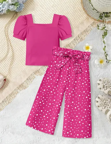 Vista 26 de DONWEN Conjunto de 3 piezas de ropa para niñas pequeñas y niñas con cuello cuadrado + pantalones elegantes + diadema para primavera y verano