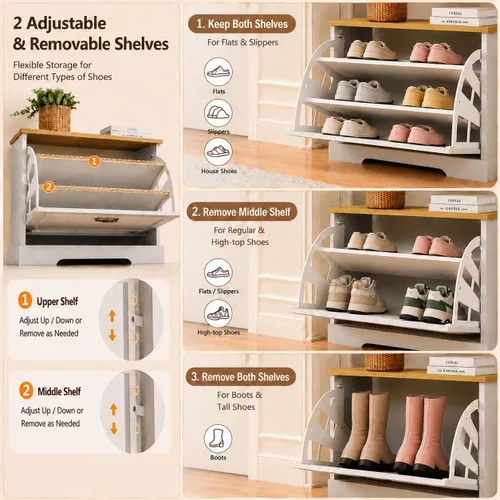 Vista 4 de RASOO Zapatero con cajón abatible para niños, organizador de zapatos de 3 niveles con 2 estantes ajustables, banco oculto para zapatos que ahorra