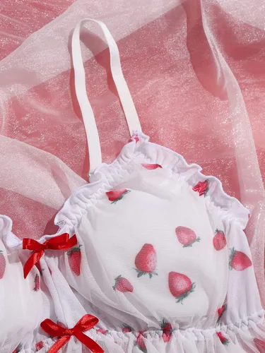 Vista 4 de SOLY HUX Lencería sexy para mujer, talla grande, brasier de malla de fresa y bragas, lencería de regalo de San Valentín para mujer, Blanco