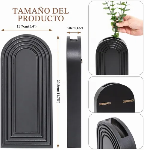 Vista 3 de Dnnnii Juego de 2 jarrones de pared de madera, acabado negro, decoración de pared moderna de granja y bohemio para entrada, pasillo, baño, sala