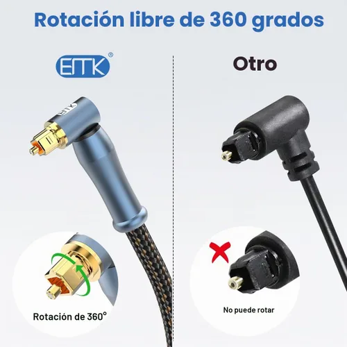 Vista 5 de EMK Cable óptico Toslink de 90 grados con conector de oro de 24K, cable de fibra óptica S/PDIF Toslink macho a macho de 360 grados con enchufe