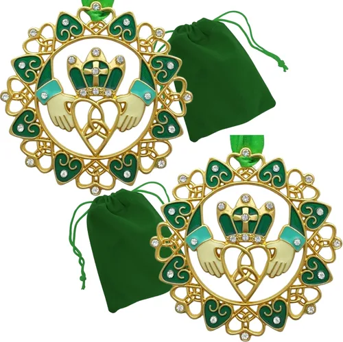 Vista 10 de Adornos de Navidad irlandeses – Diseño Claddagh dorado con joyas y esmalte – Caja de regalo con poema irlandés – Bolsa de almacenamiento de regalo